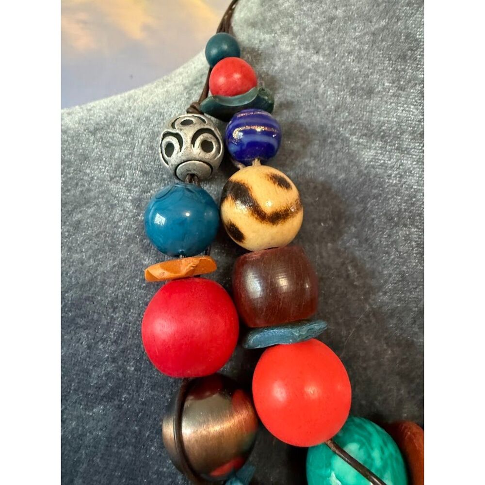 vintage Chico'sWood, Glass. Resin Two Stand Statement Leather Necklace - Picture 2 of 6